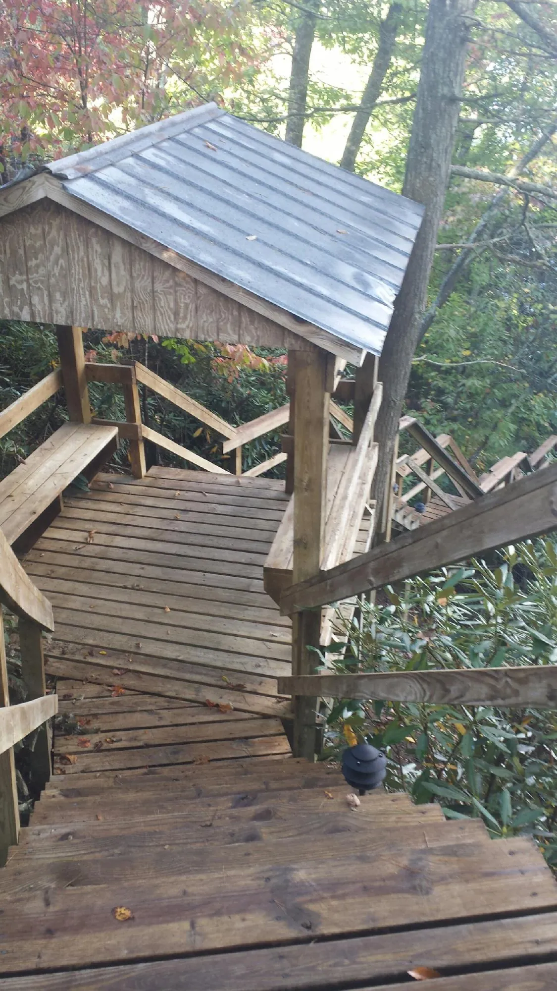 Metal roofed shelter over wooden steps on a wooded walkway — Skylight Repair & Installation work by our crew in Owingsville